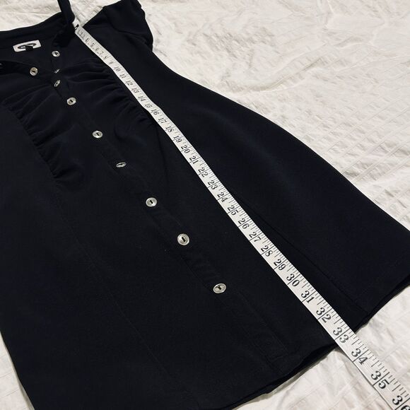 VTG Y2K Ruched Bodycon Dress Sz 8 Black Stretch Silver Button CorporateGoth Punk - Picture 9 of 12